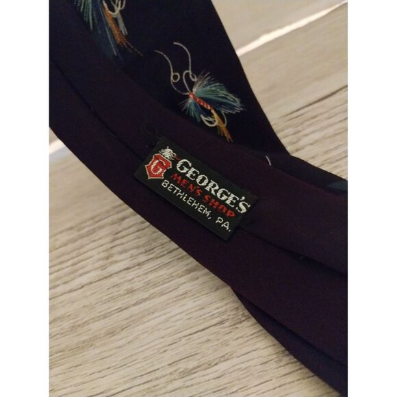 Vintage Georges Mens Shop 53" Navy Tie With Fishing Fly Pattern - Picture 3 of 3